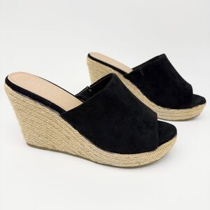 Black Suede Espadrille Wedge Mules - Women